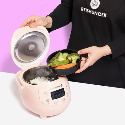 REISHUNGER Digitaler Reiskocher klein, rosa | 0,6 L bis 3 Personen | Warmhaltefunktion, Timer & Prem