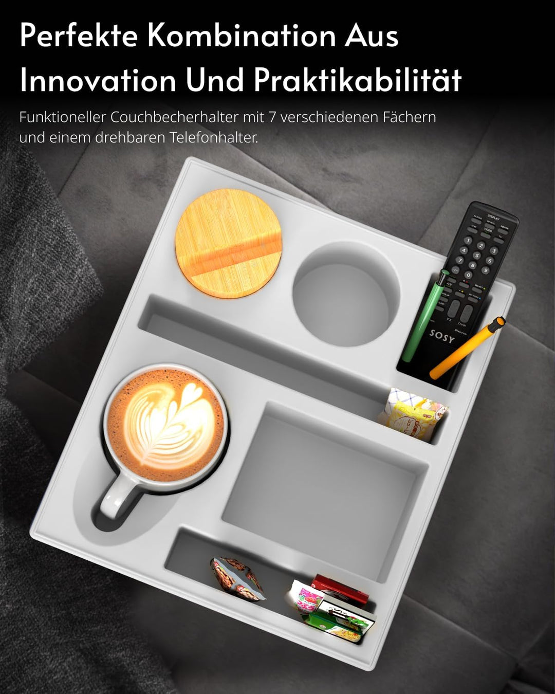 Couchbar Snackbox Silikon sofatablett mit 360 Grad Drehbar Handyhalter beistelltisch mit Holz Sofata