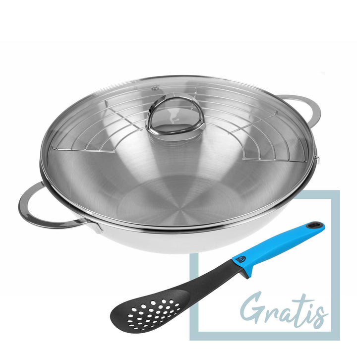 GRÄWE Edelstahl Wok 32 cm mit Glasdeckel und Ablagegitter, Edelstahl