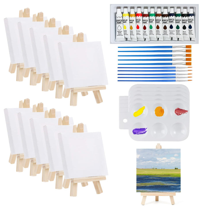 47 Stück Mini Leinwand mit Staffelei, Tischstaffelei Set, Leinwand 10x10cm mit 12 Farbige Acrylfarbe