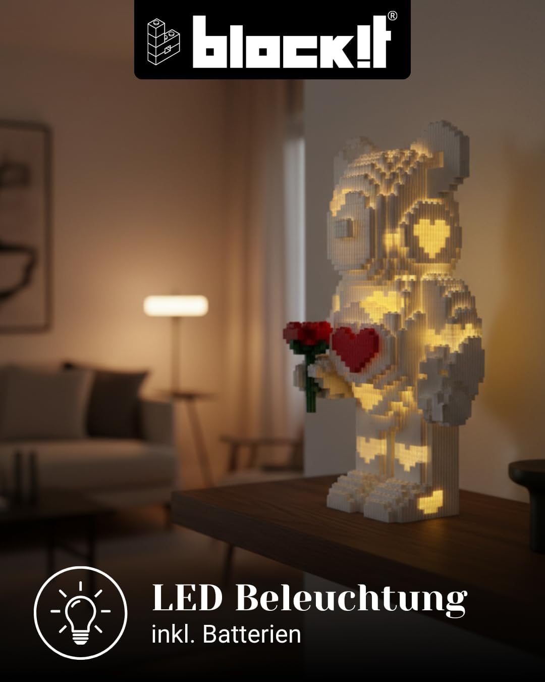 block!t Love Bear Klemmbaustein-Set mit LED – Weisser Baustein-Bär mit Herz & Rose – 5423 Teile Deko