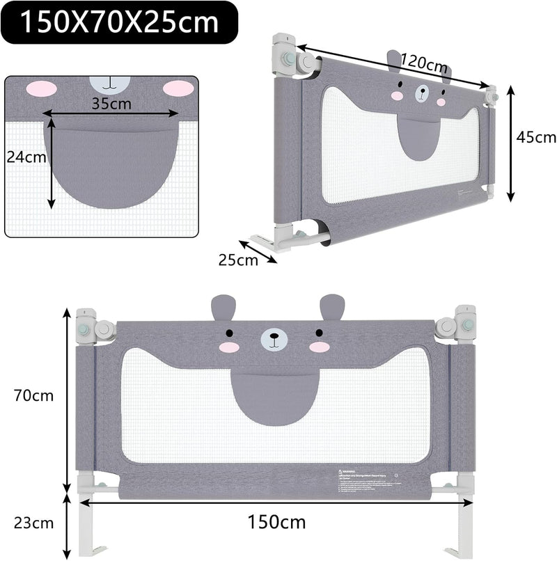 Froadp 150cm Rausfallschutz Baby Bettgitter Schutzgeländer, Höhenverstellbar Kinderbettgitter mit Do