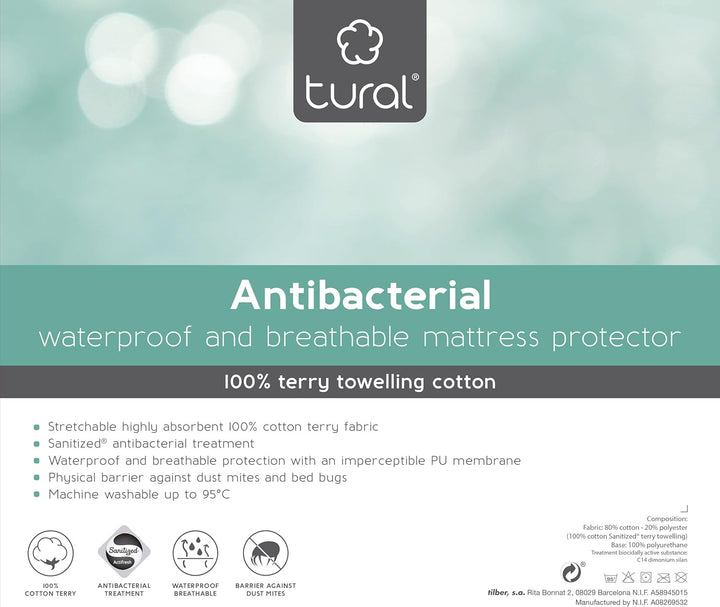 Tural - Antibakterieller Matratzen-Auflage. Wasserdicht und atmungsaktiv. Frottee aus 100% Baumwolle