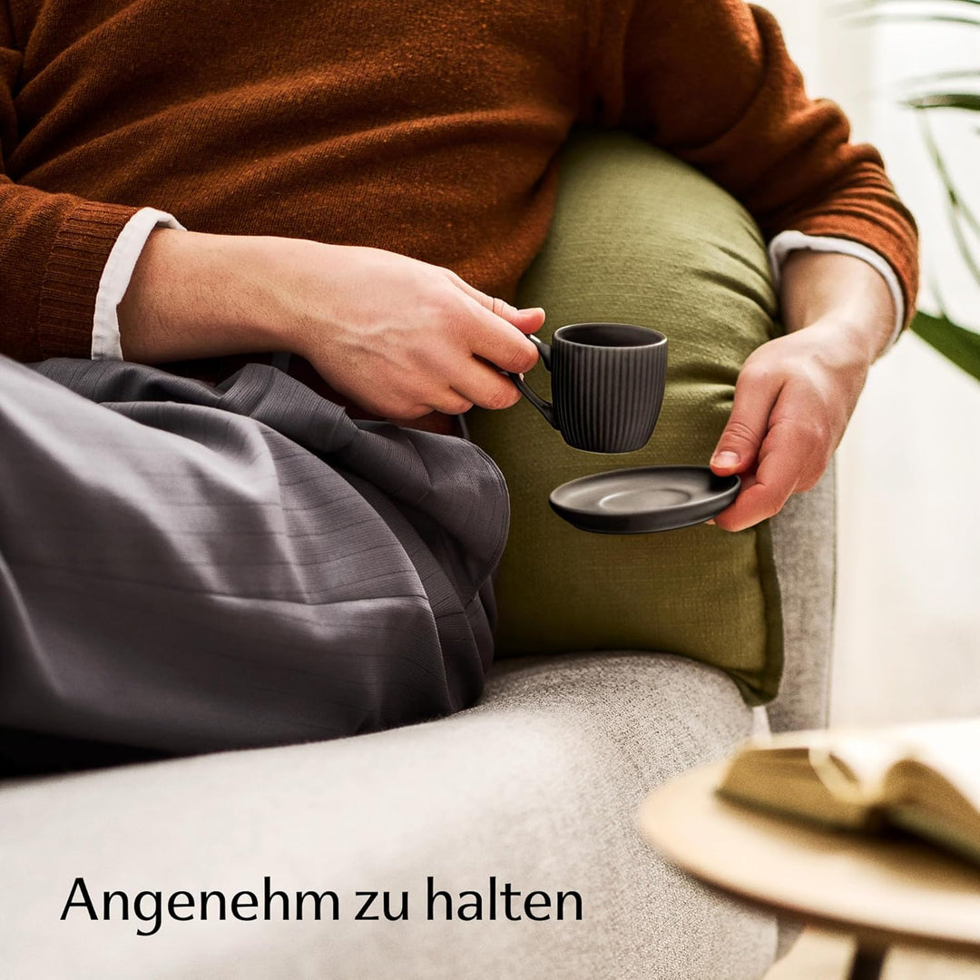Cosumy Espressotassen Schwarz Matt mit Untertassen 6er Set - 90ml - Streifenmuster Keramik - Spülmas
