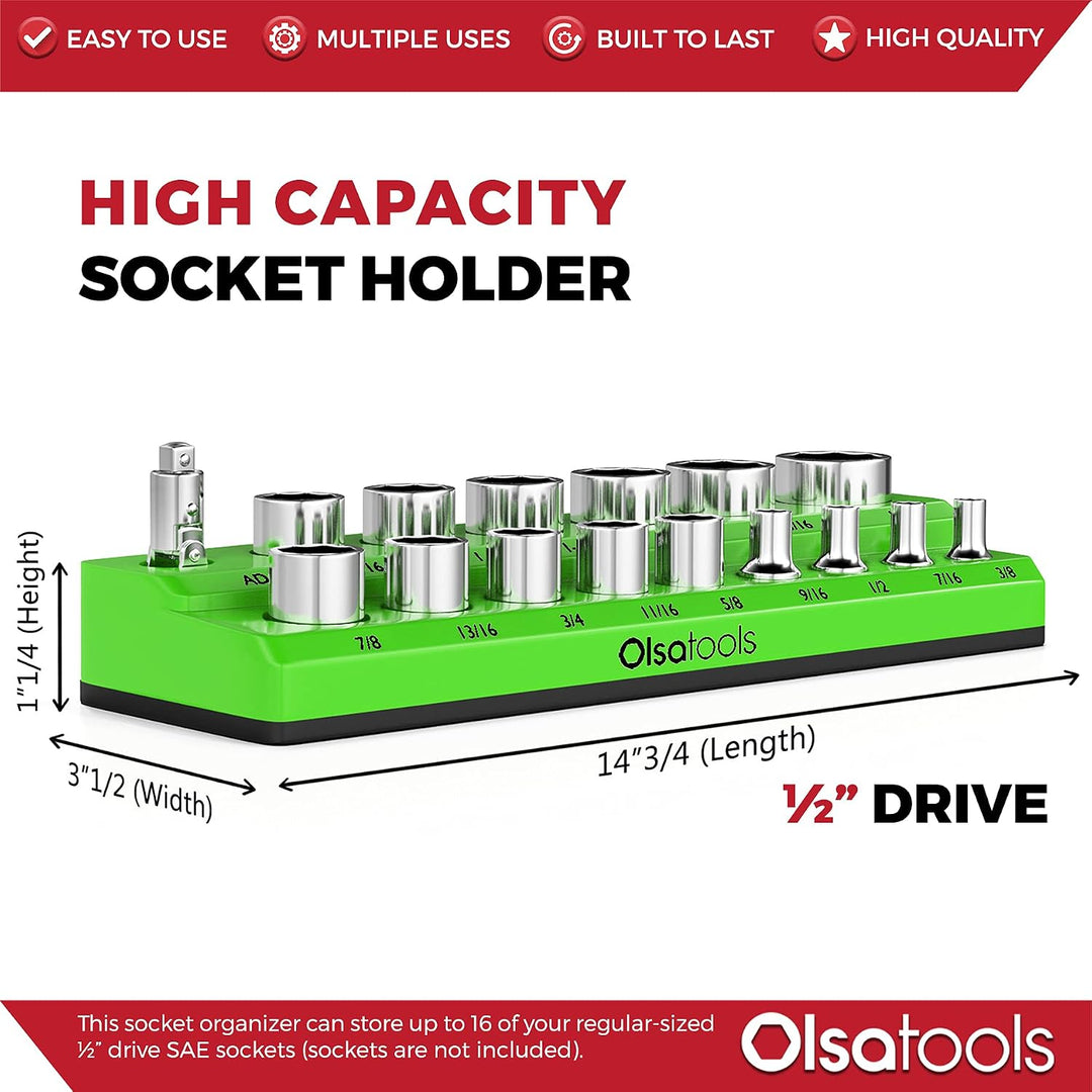 Olsa Tools Magnetischer Steckschlüssel-Organizer | 1,27 cm (1/2 Zoll) Antrieb | SAE | Grün | Für 16