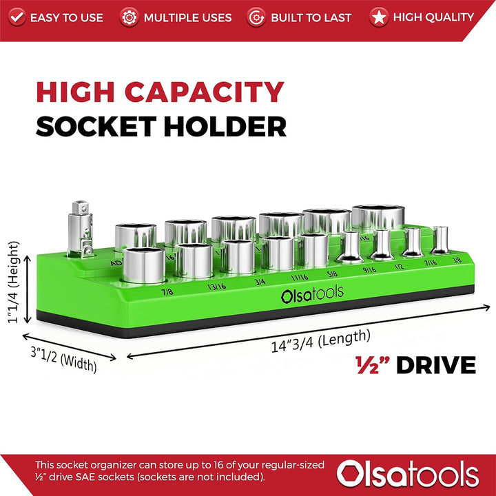 Olsa Tools Magnetischer Steckschlüssel-Organizer | 1,27 cm (1/2 Zoll) Antrieb | SAE | Grün | Für 16