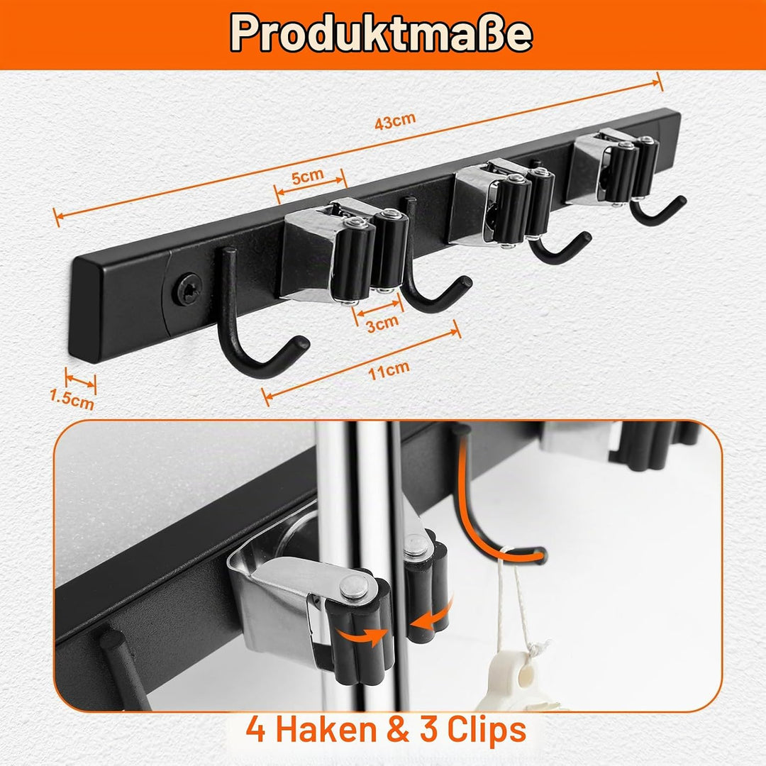 CASDUCT Besenhalterung Wand, 4 Haken + 3 Clips, Schwarz, Schwerlast Gerätehalter mit Einem Ablagefac