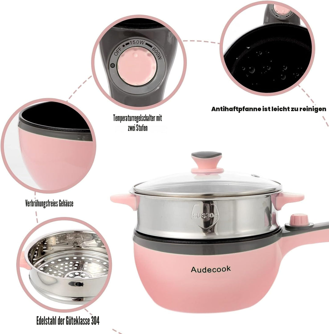 Audecook Elektrische Pfannen mit Dampfgarer, 1,5L Bratpfanne 20cm, Antihaft Klein Elektropfanne, Mul