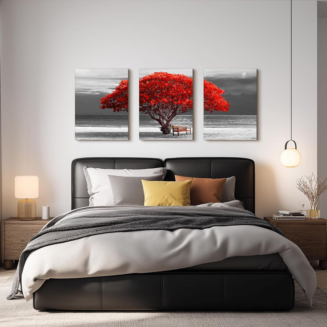 hyidecorart Bilder Baum Rote, Bäume Natur Leinwand Bilder, 3 Teilig Wandbilder Wohnzimmer, Modern Gl