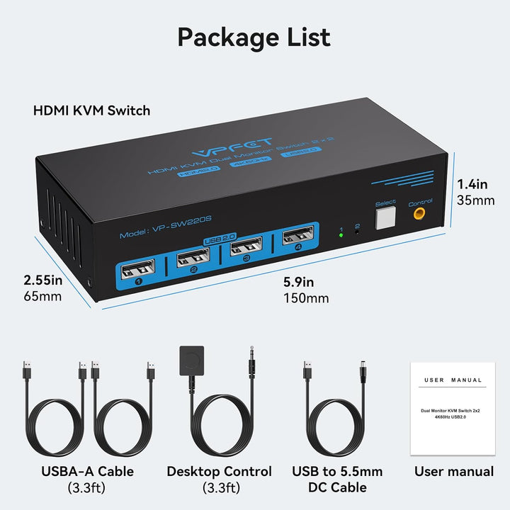 USB 2.0 HDMI KVM Switch 2 PC 2 Monitore 4K60Hz KVM Switches für Zwei Computer Teilen Sich 1 Satz Mau