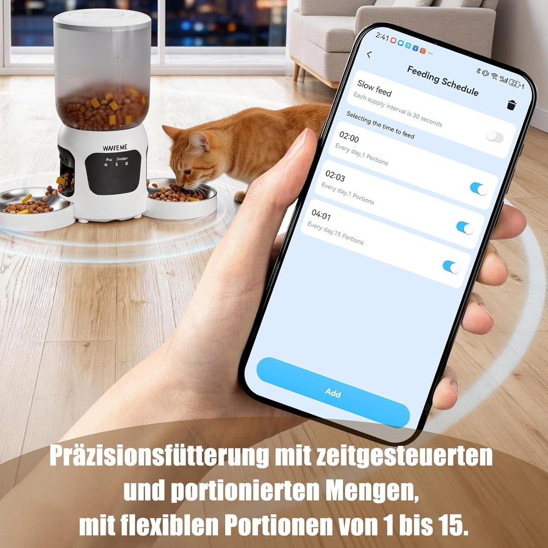 WLAN Smart Haustierfutterautomat mit Dual-Kamera & Doppel-Napf – 6L Automatischer Futterspender für
