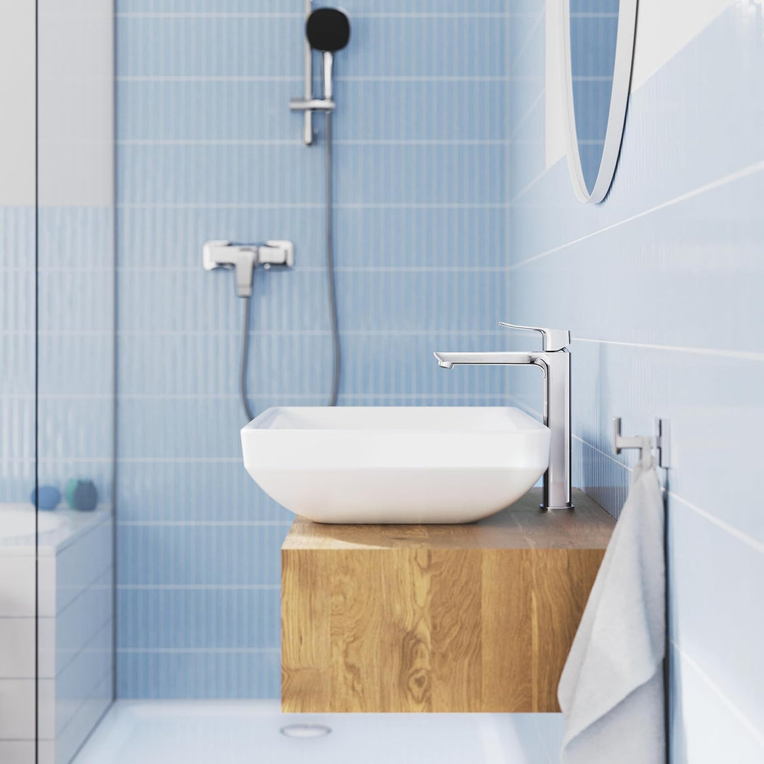 GROHE Dice, Waschtischarmatur hoch, wassersparend (Wasserhahn für das Bad, Badarmatur mit Zugstangen