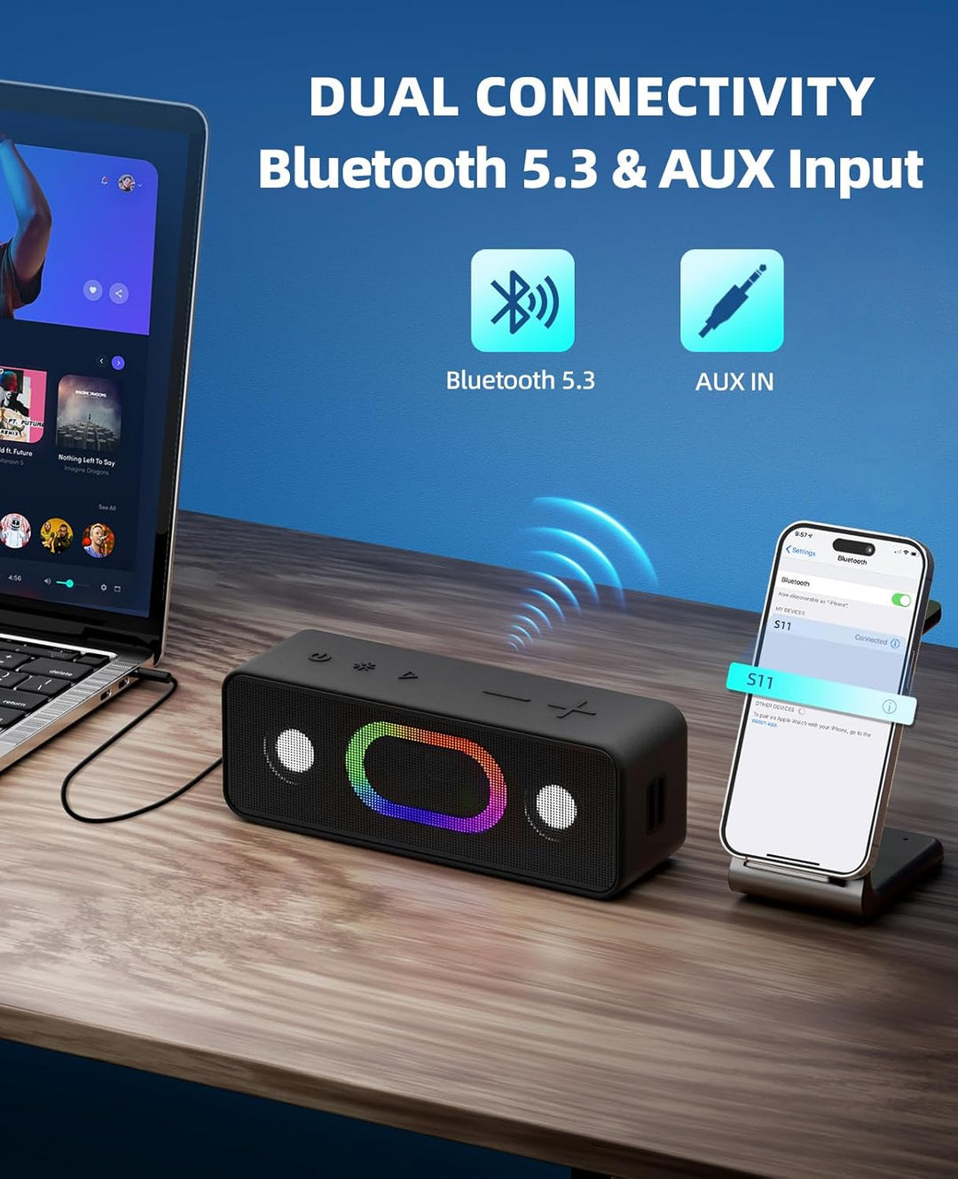 Ortizan Bluetooth Lautsprecher, Musikbox Bluetooth 5.3, Dualen Bass-Treibern, 24H Akku, 6 Lighting E