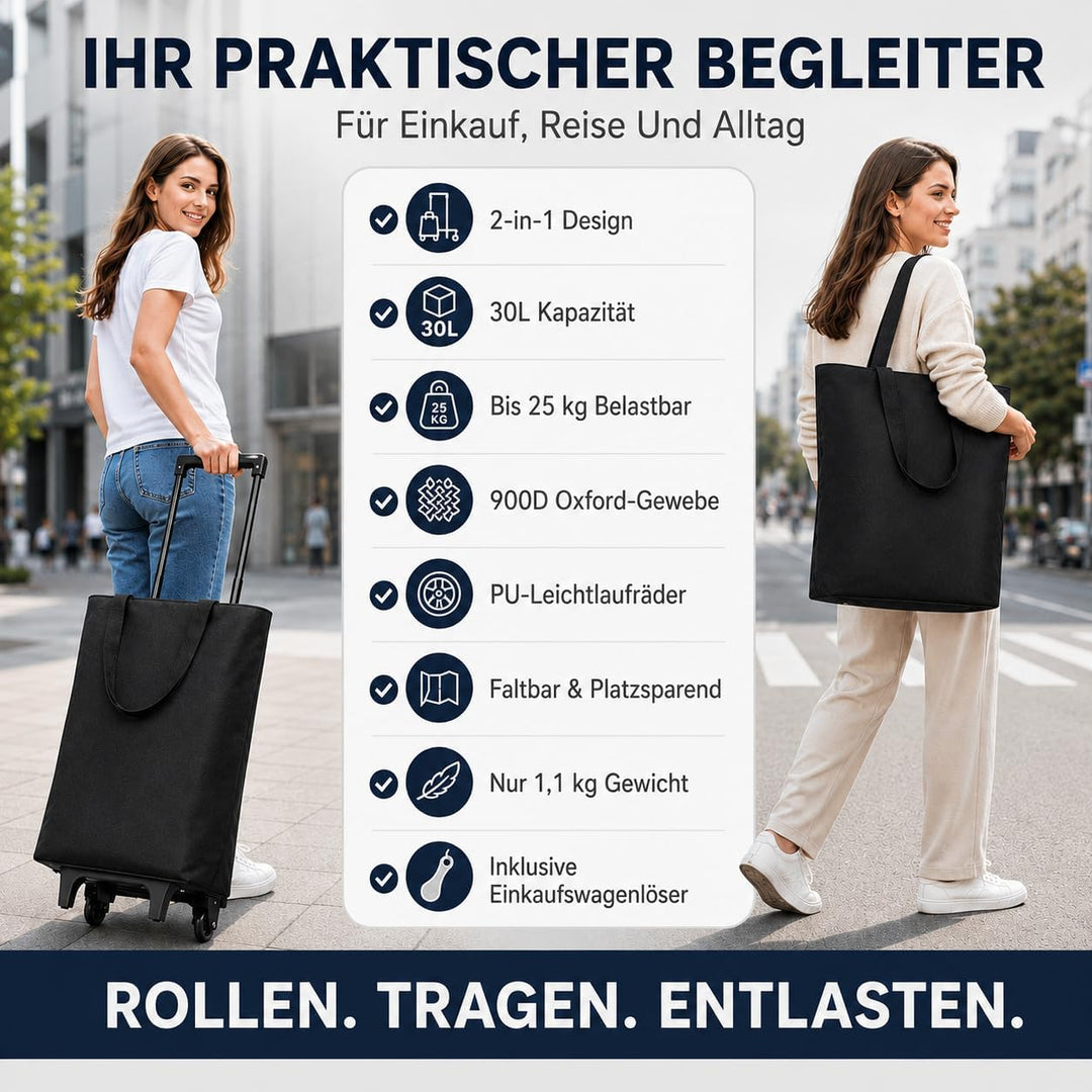 2 in 1 Einkaufstrolley Klappbar 30L Einkaufswagen 25kg Tragkraft 90cm Höhe | 30L Kapazität, 25kg Tra
