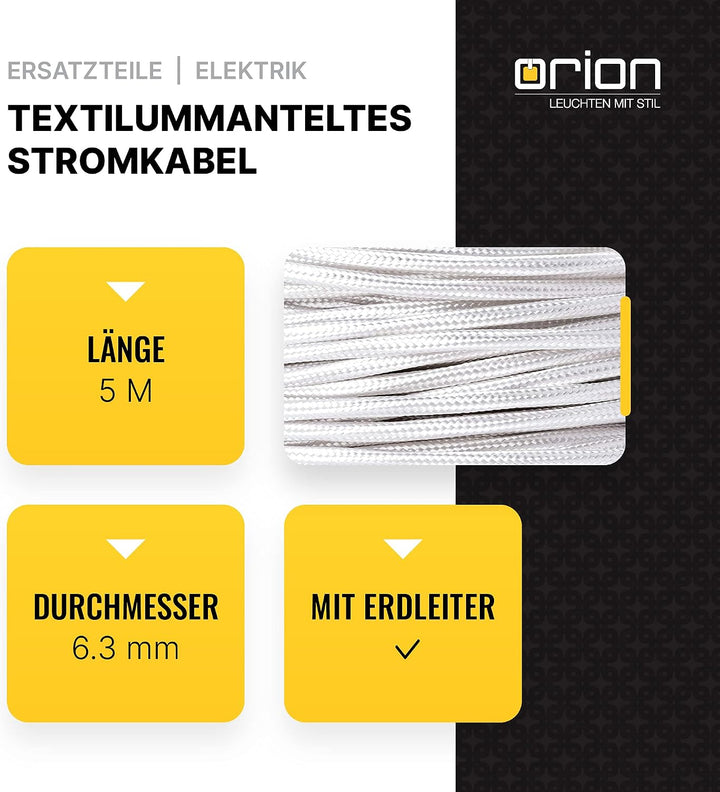 Textilkabel für Lampen, 5 m Weiss, 3-adrig, (3x 0,75 mm²) - Kunststoff Stromkabel mit Erdleiter, Tex