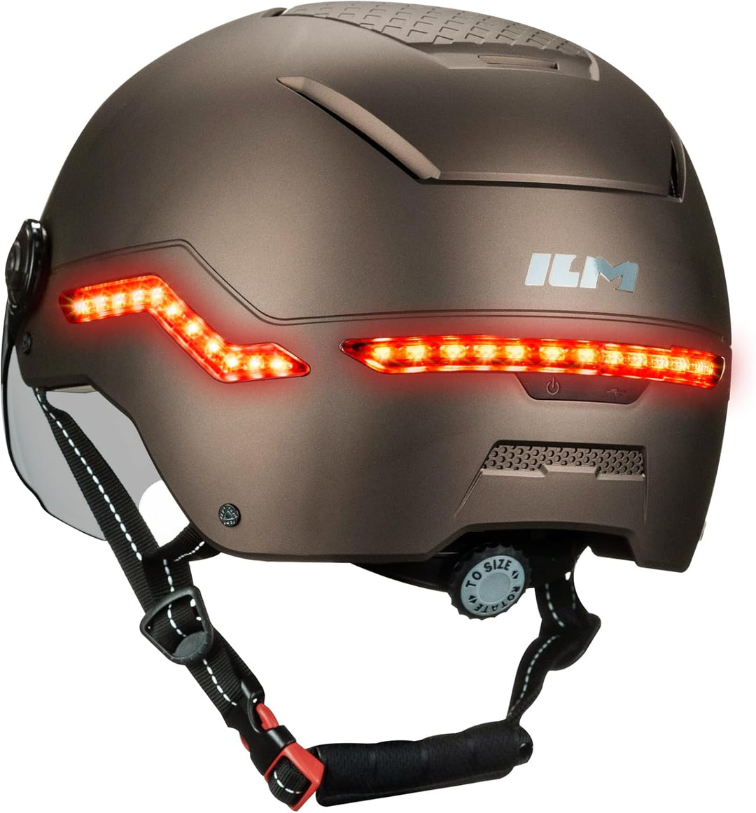ILM Fahrradhelm Herren Damen mit Visier und LED Licht Beleuchtung Automatischem G-Sensor für Blinker