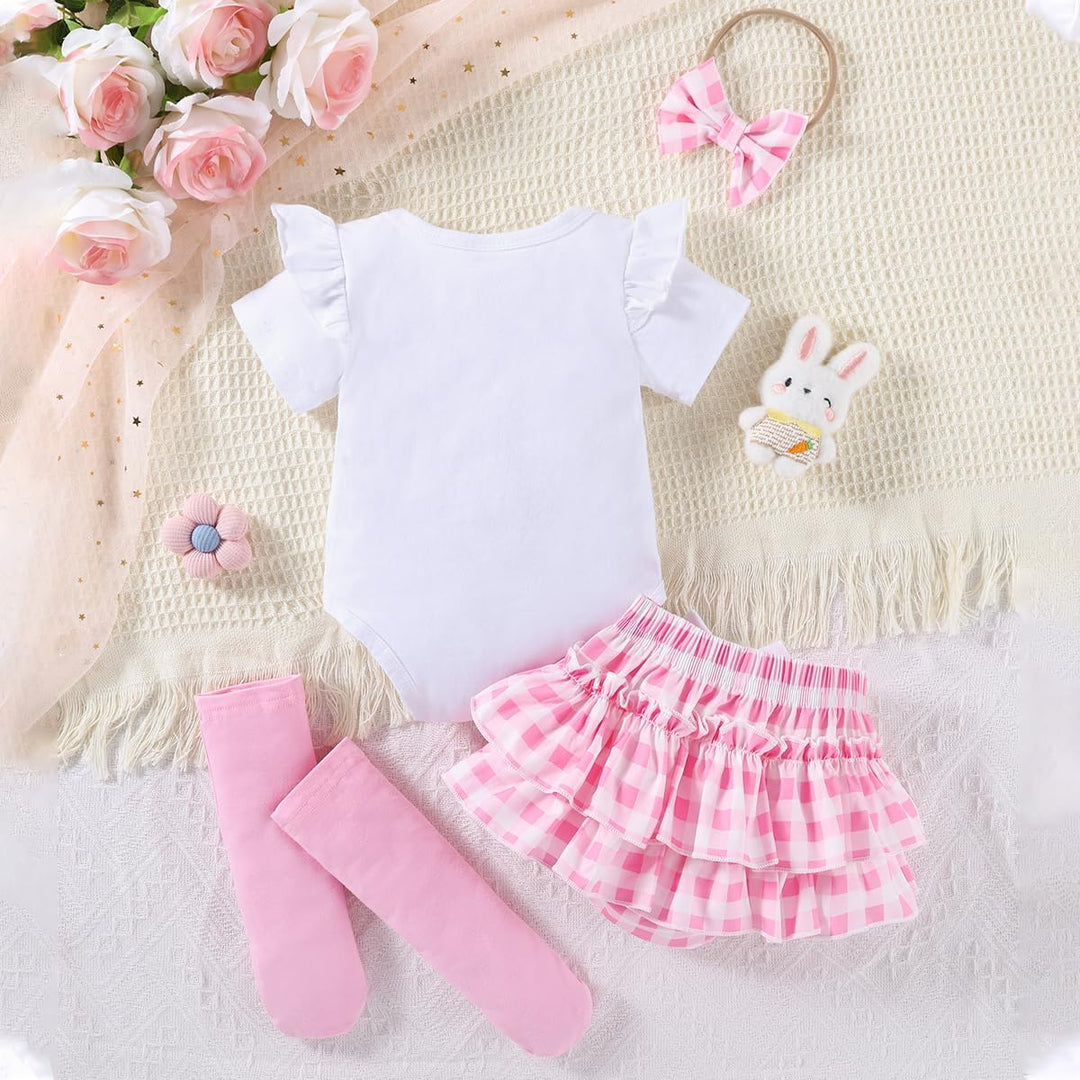 Neugeborene Baby Mädchen Sommer Outfit Rüschen Kurzarm Top+ Bowknot Bloomers Tutu Rock Shorts+ Stirn
