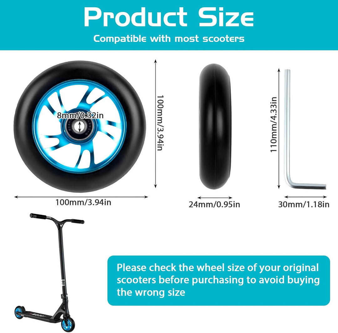 100mm Scooter Rollen Ersatzräder, 2 Stück 88A Stunt Scooter Rollen mit ABEC-9 Lager aus Aluminiumleg