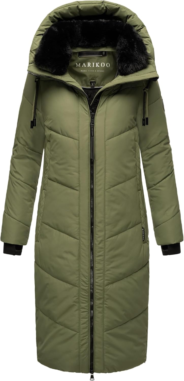 MARIKOO Damen Wintermantel warmer Steppmantel lang mit verstellbarer Kapuze und hohem Kragen Nadaree