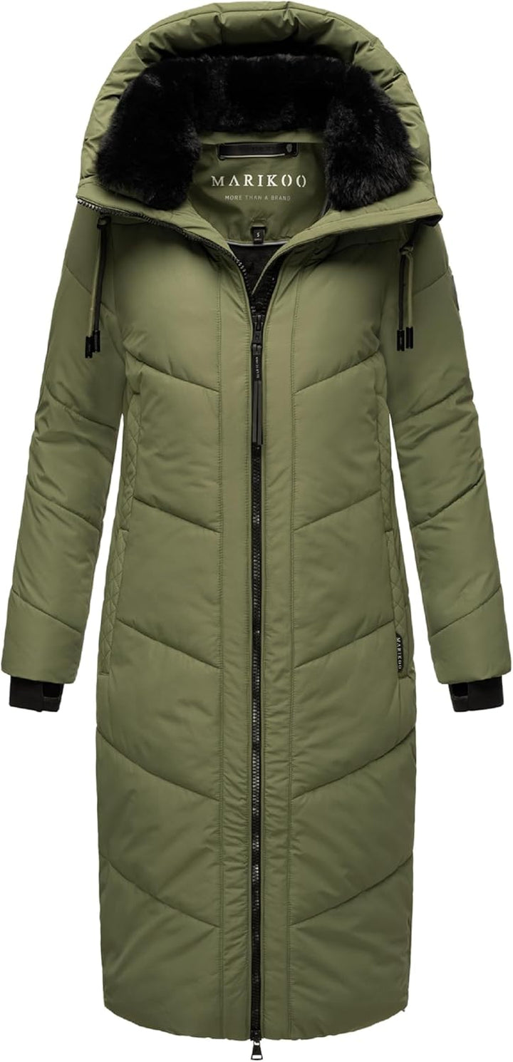 MARIKOO Damen Wintermantel warmer Steppmantel lang mit verstellbarer Kapuze und hohem Kragen Nadaree