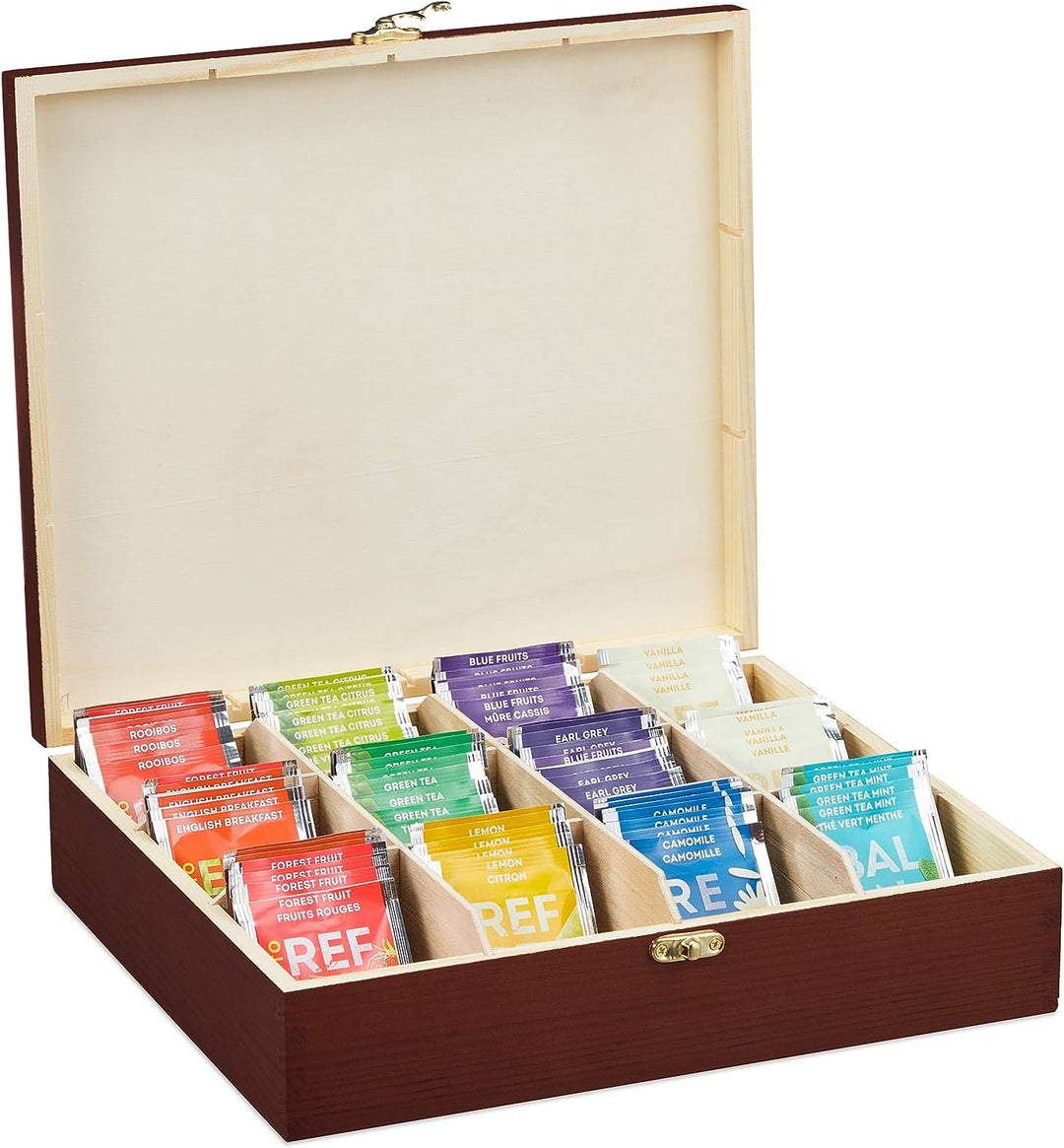 Relaxdays Teebox, 12 Fächer, Holz, Organizer für Teebeutel und Kaffeepads, Teekiste gross HBT: 7,5 x