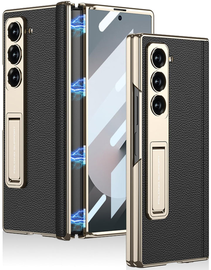 Miimall Lederhülle Kompatibel mit Samsung Galaxy Z Fold 6 Hülle mit Displayschutz+Scharnierschutz, S