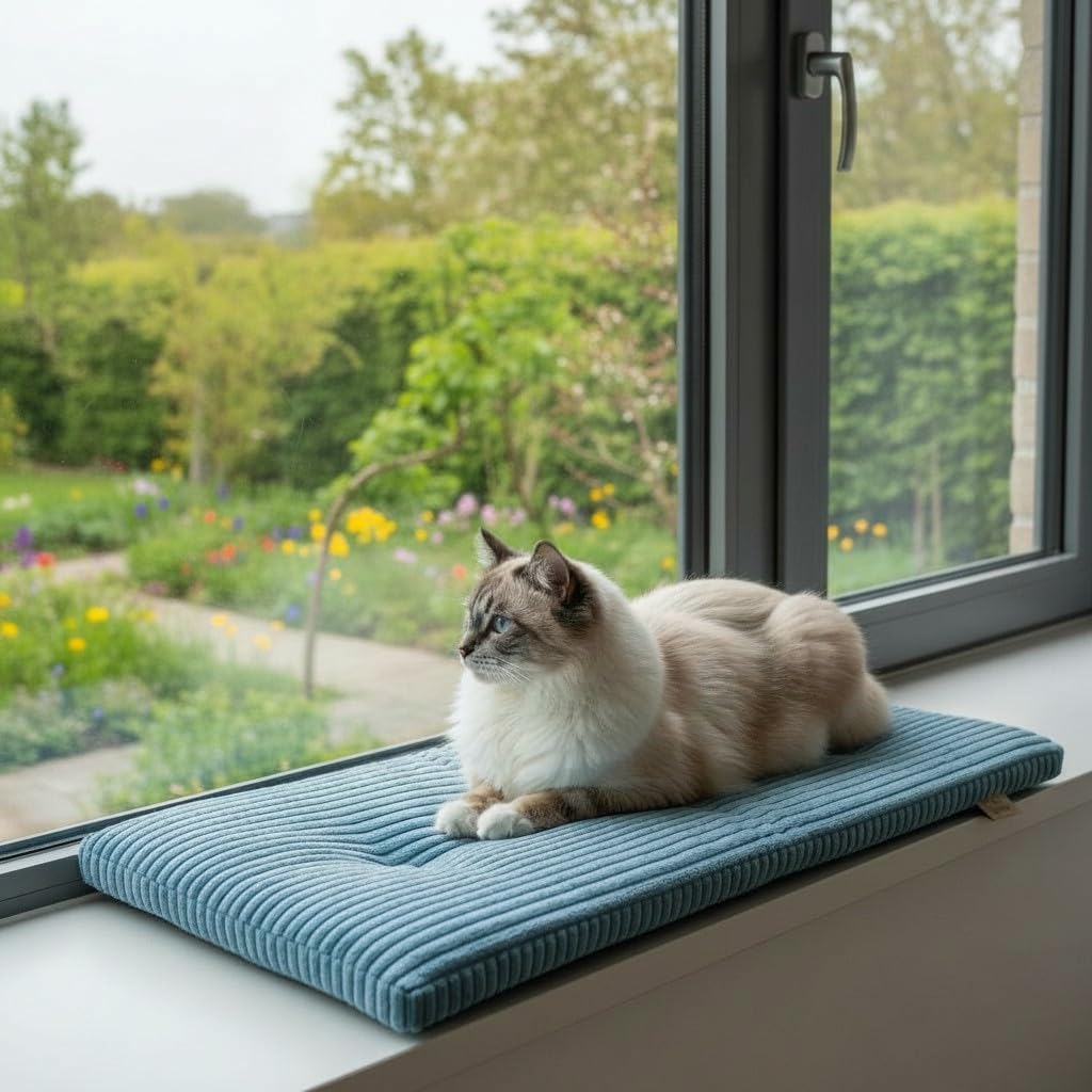 PRASKA® Katzen Fensterliege 70x28cm Weiches Katzenbett für die Fensterbank Milchig - Premium Fenster