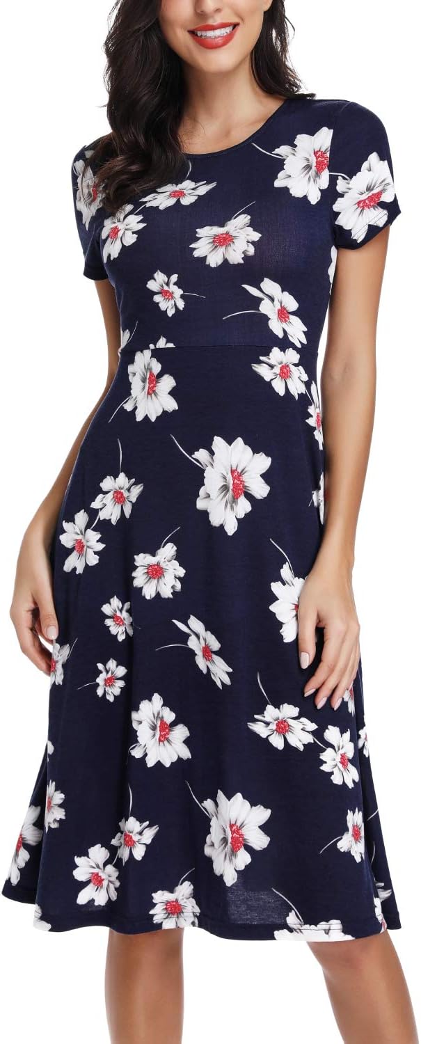 EXCHIC Damen Freizeit Rundhals A-Linie Kurzarm Midi Kleid Elegant Blumen Sommer Knielang Kleider L 3