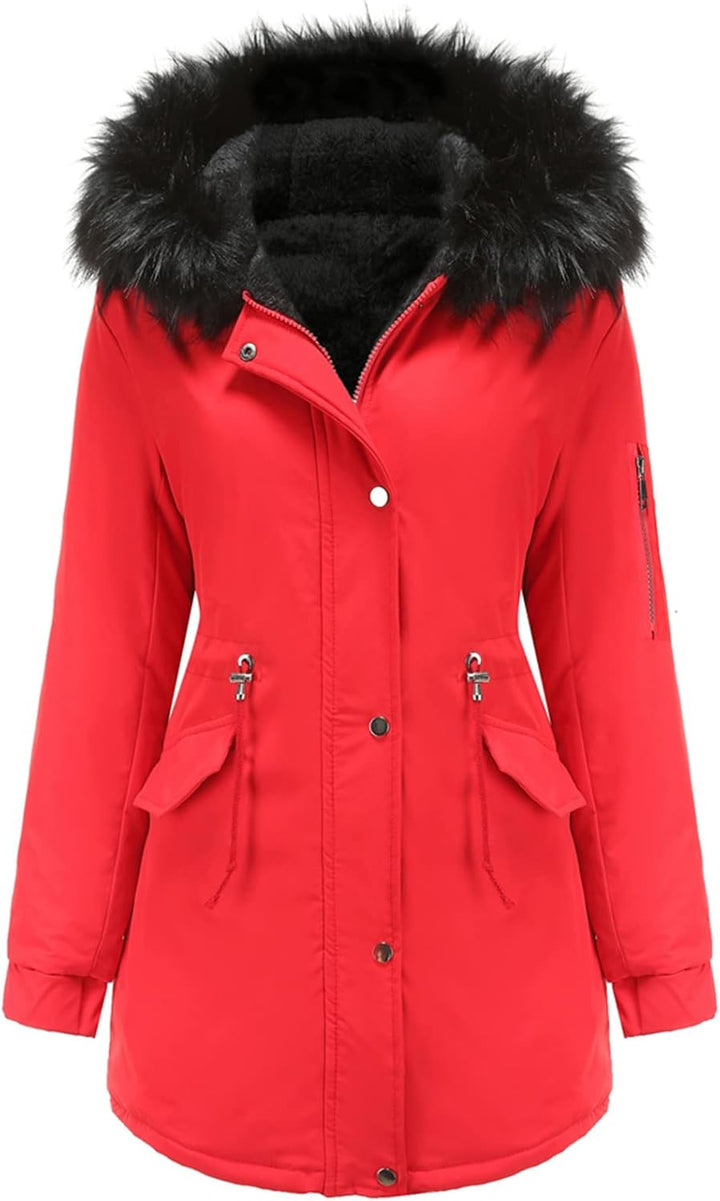 Tuopuda Winterjacke Damen Lang Wintermantel Warm Winter Jacke mit Kapuze Reissverschluss Parka Fleec