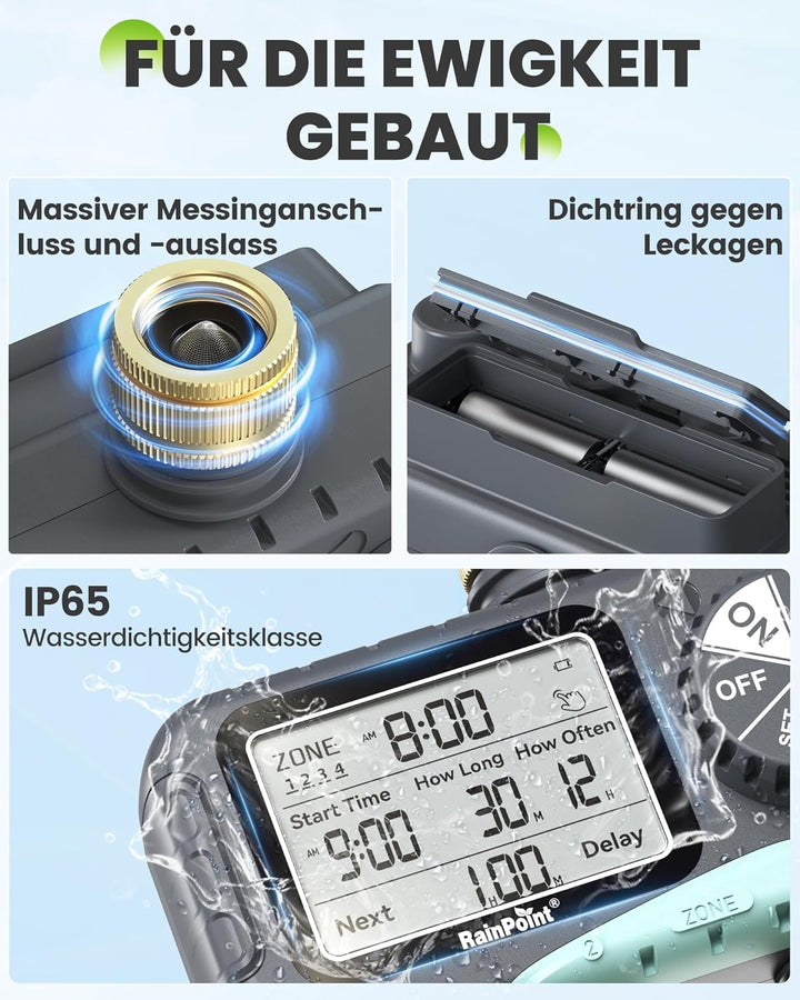 RAINPOINT Bewässerungscomputer 4 Ausgänge, Messing Einlass und Auslass, IP65 Wasserdicht Wasserzeits