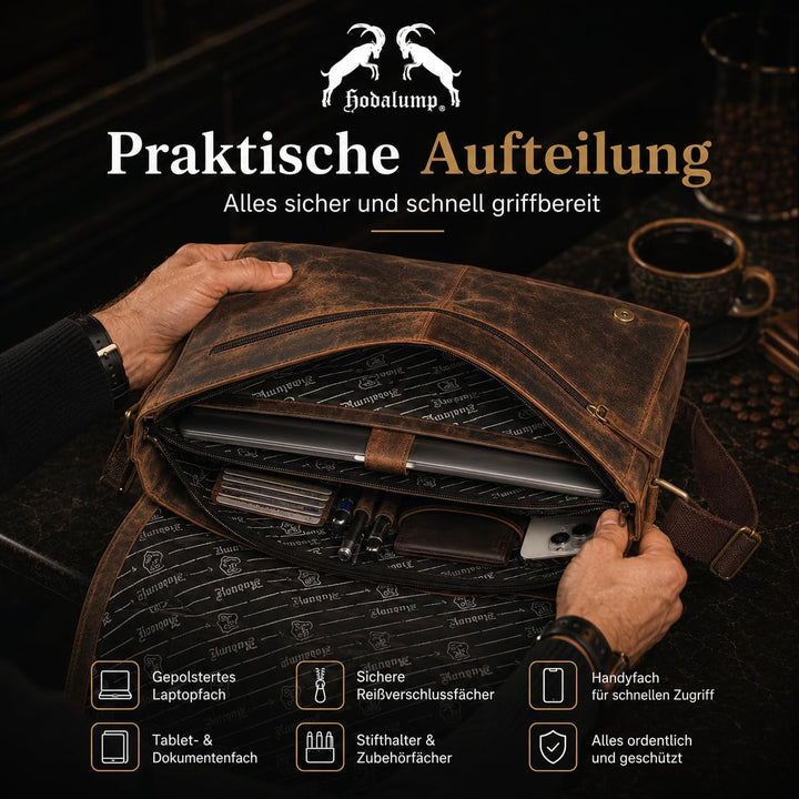 hodalump - Premium Echt-Leder Laptoptasche (bis 17 Zoll) als Umhängetasche - Notebooktasche für Dame