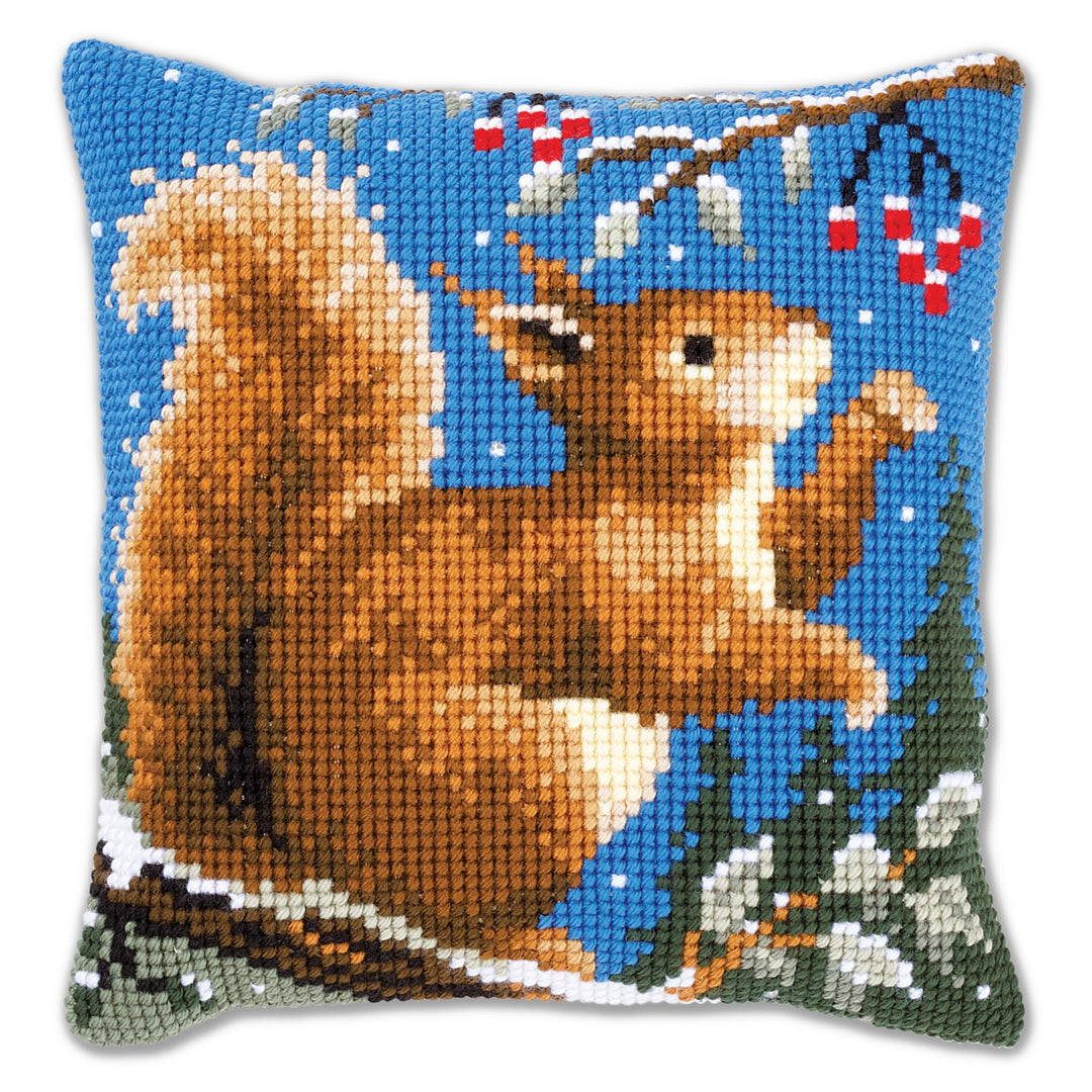 Vervaco Eichhörnchen im Winter Kreuzstichkissen, Stramin, Weiss, 40 x 40 x 0,3 cm