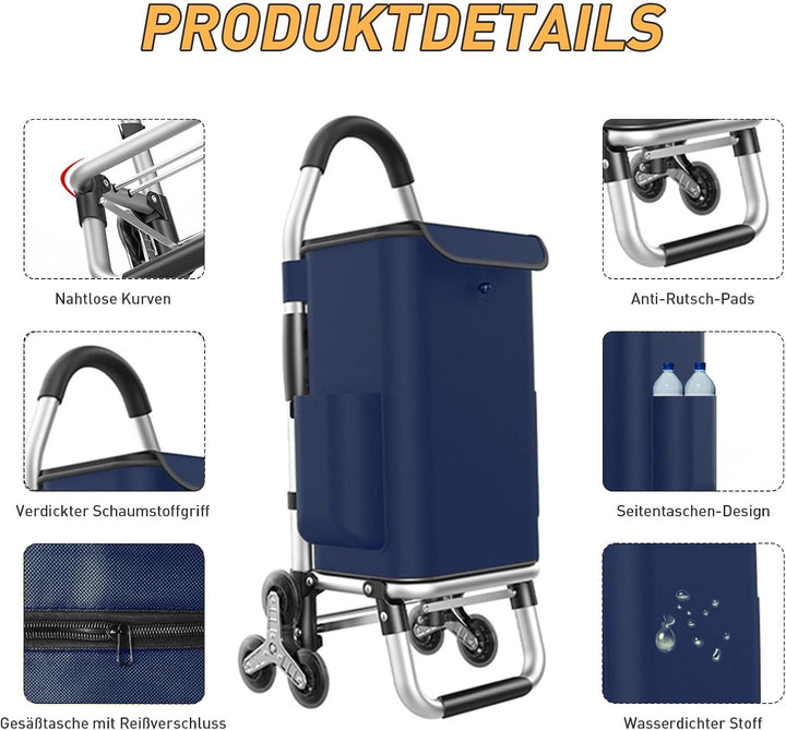 Einkaufstrolley Klappbar mit 56L Kapazität und Belastbar bis 50kg, 2 in 1 Multifunktions Mutige Alum