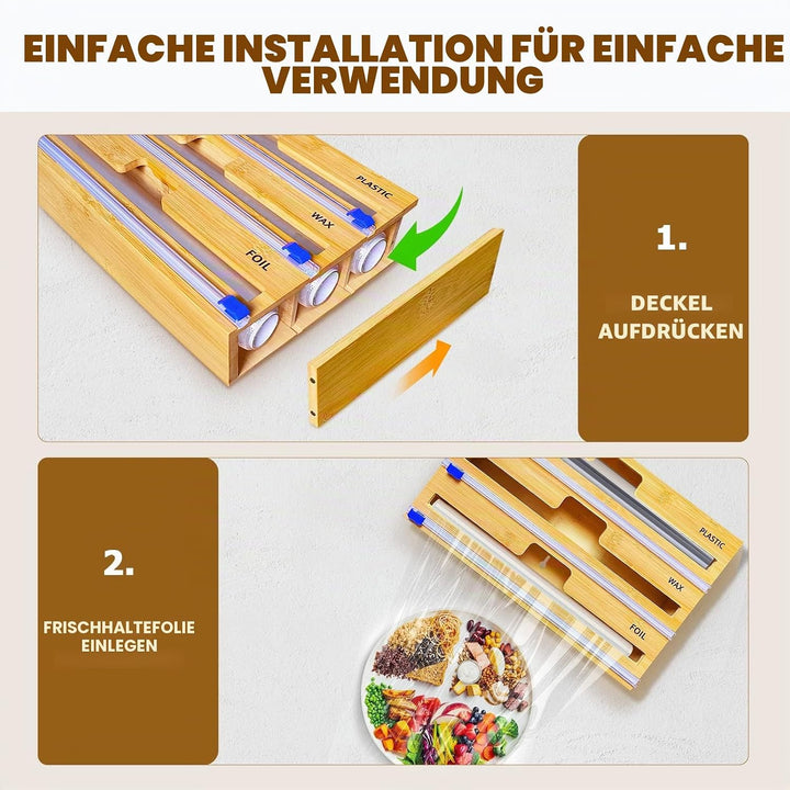 QINGLOU Folienschneider,3 in 1 Folienspender Mit Cutter, Bambus/Folienabroller,Frischhaltefolie, Wac