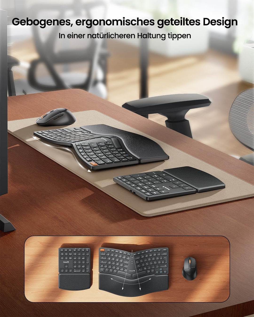 ProtoArc Ergonomische Tastatur Maus Set, EKM04 2,4 GHz Kabellos Ergo Tastatur Maus, Separater Ziffer