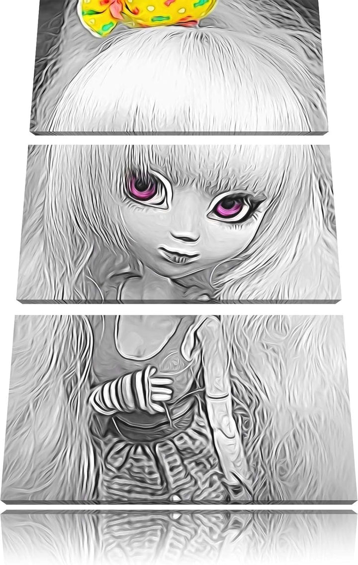 hübsches Pullip-Püppchen im 70er-Jahre-Stil schwarz/weiss Spezial 3-Teiler Leinwandbild 120x80 Bild
