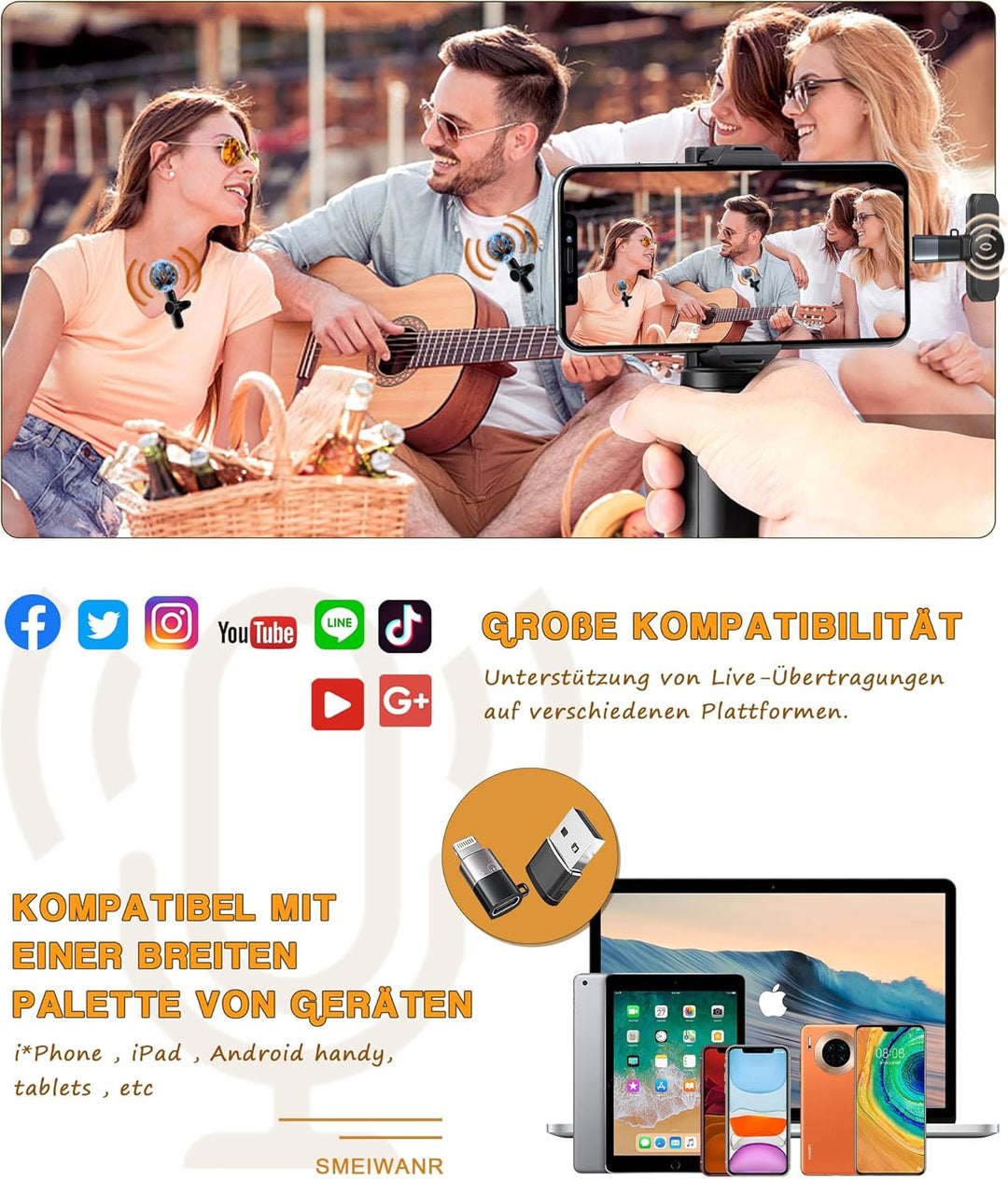 Lavalier Mikrofon Kabellos, Handy USB C Mikrofon für i*Phone iPad Android Handy, Plug and Play Mini