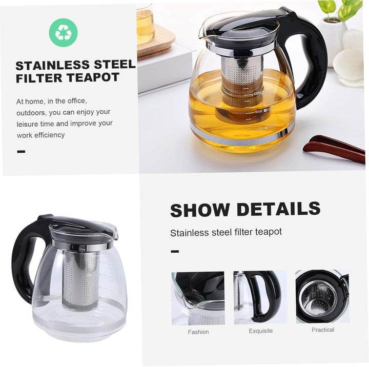 OUNONA Glas-Teekanne, Edelstahl-Filtergriff, hitzebeständig, 1500 ml, Schwarz
