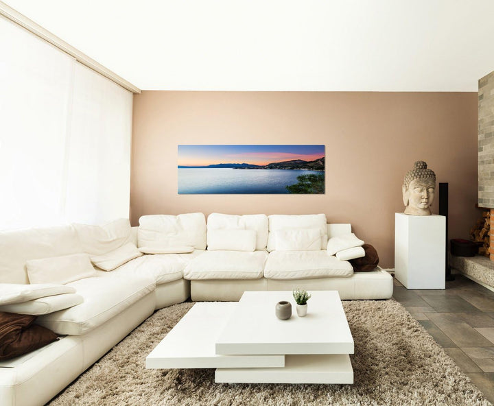 Paul Sinus Art Panoramabild auf Leinwand und Keilrahmen 150x50cm Italien Sizilien Meer Küste Dämmeru