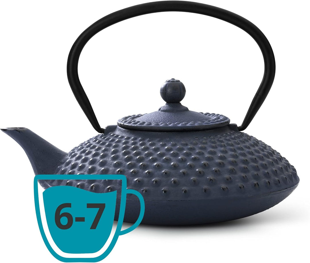 Bredemeijer Flache Blaue gusseiserne Teekanne 1.25 Liter Xilin mit Edelstahlfilter Einzelbett, Einze