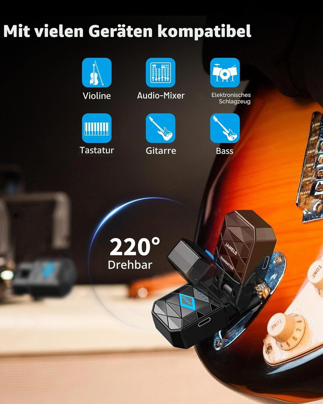JAMELO Kabelloses Gitarrensystem mit Ladekoffer, Gitarrensender Empfänger, wiederaufladbares Gitarre