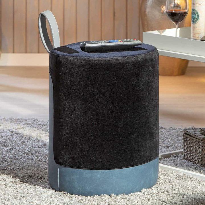 Schwarz-blauer Samthocker mit Kunstledergriff, 38x32,5x43 cm Schwarz, Blau, Schwarz, Blau