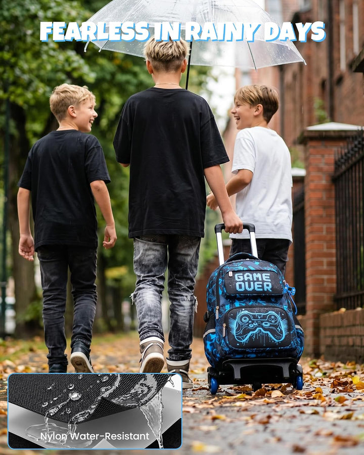Amythe Schulrucksack mit Rollen für Jungen, Grosser Leuchtstoff Trolley-Rucksack mit 6 Räder, Wasser