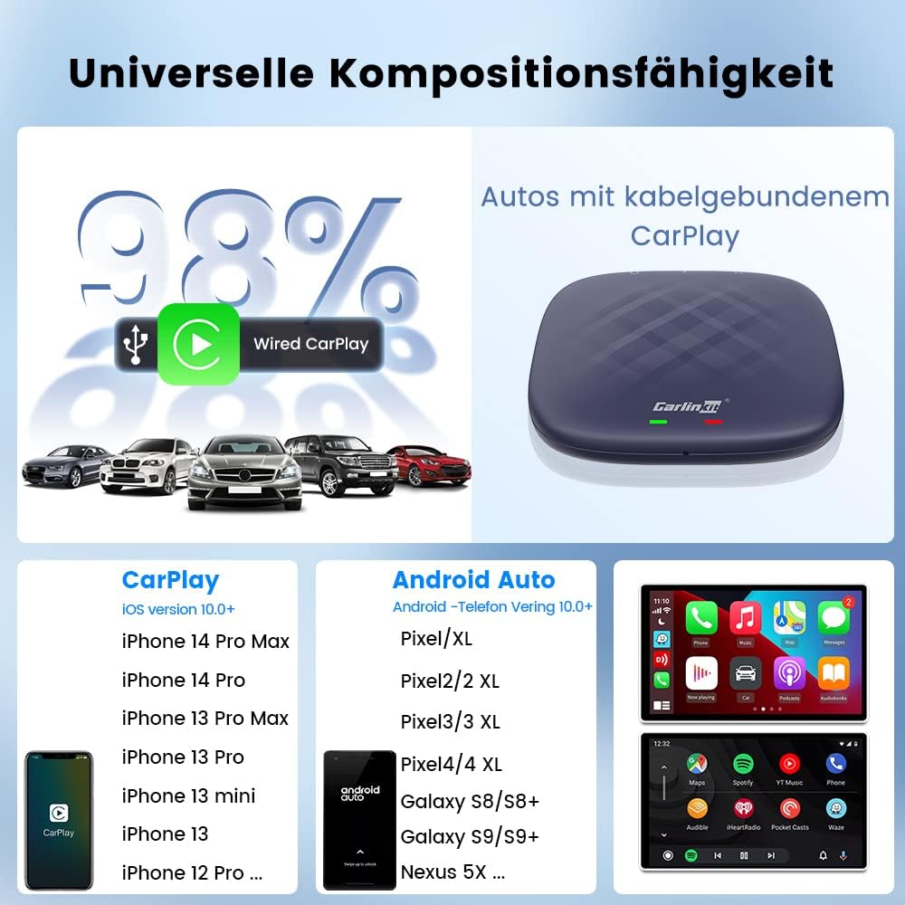 CarlinKit 2026 Wireless Carplay/Android Auto AIBox-Plus Adapter mit eingebautem RAM 8G + ROM 128G Sy