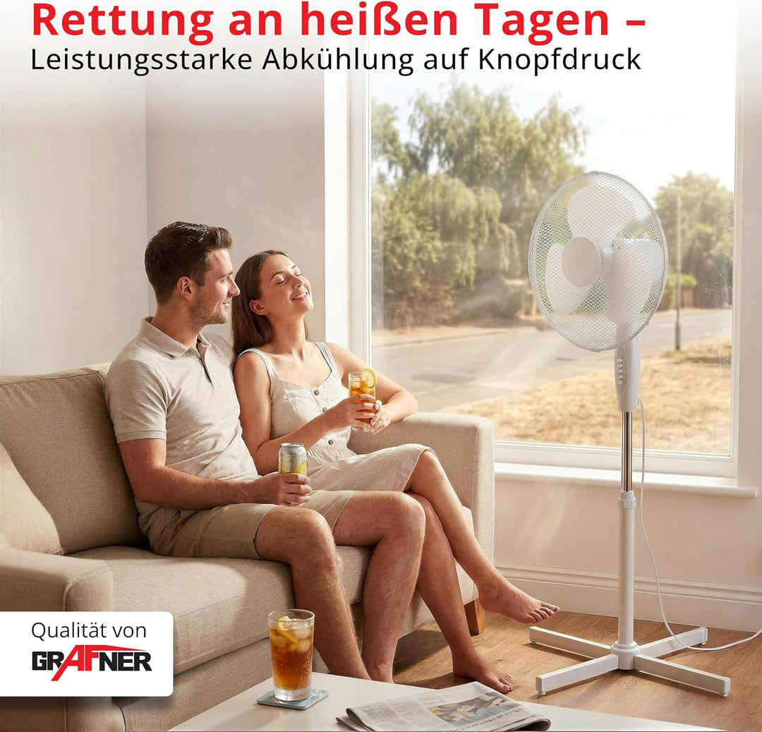 Grafner Standventilator 40 cm, 3 Geschwindigkeitsstufen, höhenverstellbar 105–120 cm, 80° Schwenkfun