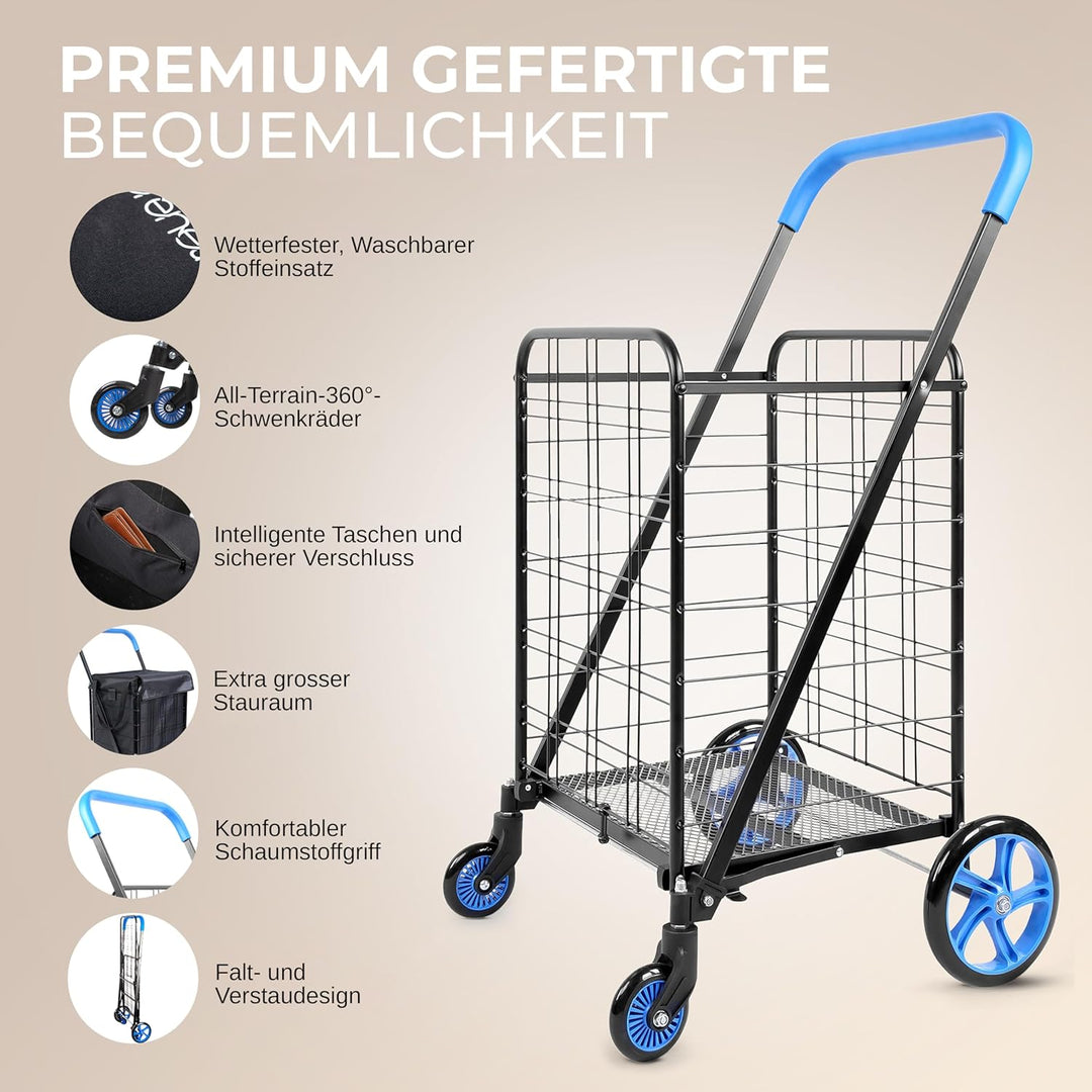 SereneLife Einkaufstrolley, Einkaufswagen Klappbar mit 50L Kapazität, Shopping Trolley belastbar bis
