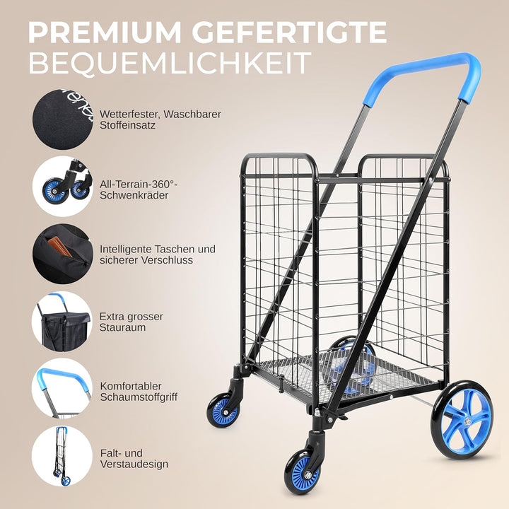 SereneLife Einkaufstrolley, Einkaufswagen Klappbar mit 50L Kapazität, Shopping Trolley belastbar bis