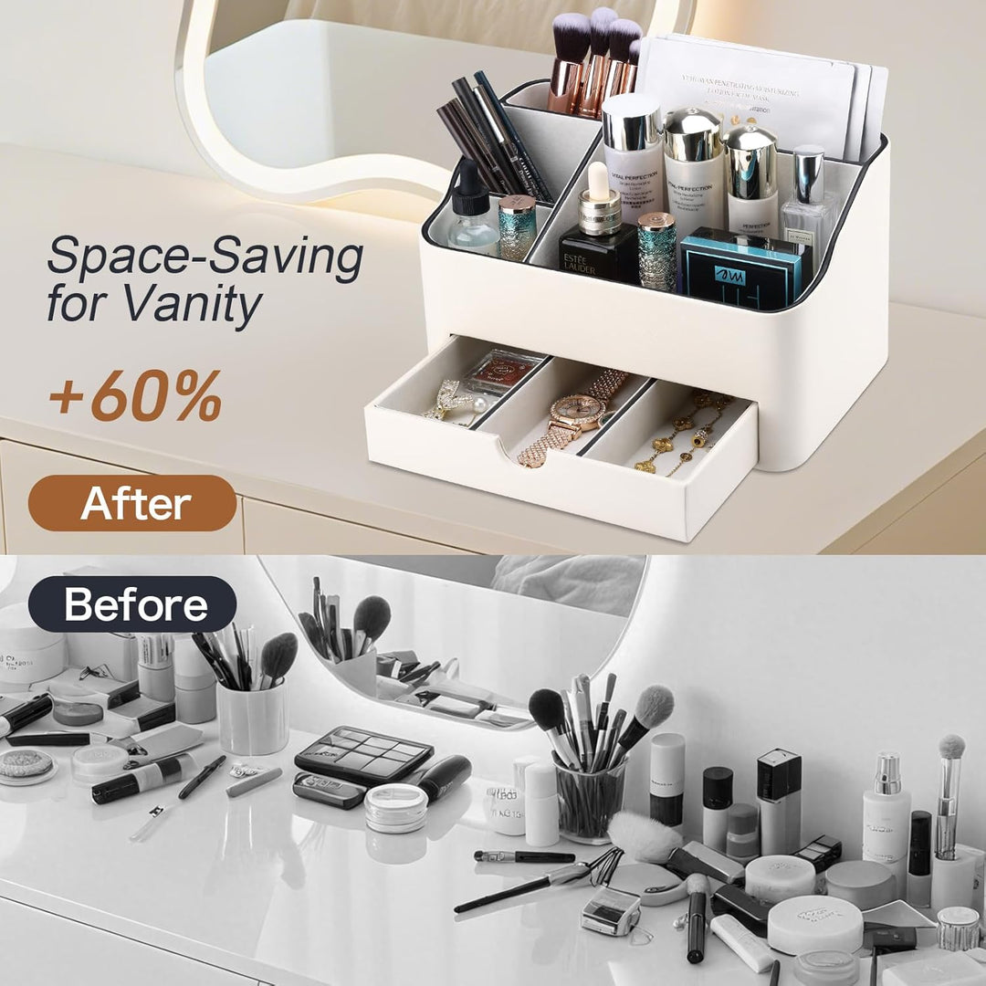 KINGFOM Make-up-Organizer mit Schublade, kompakte Beauty-Aufbewahrung für Schminktisch, PU-Leder Hau