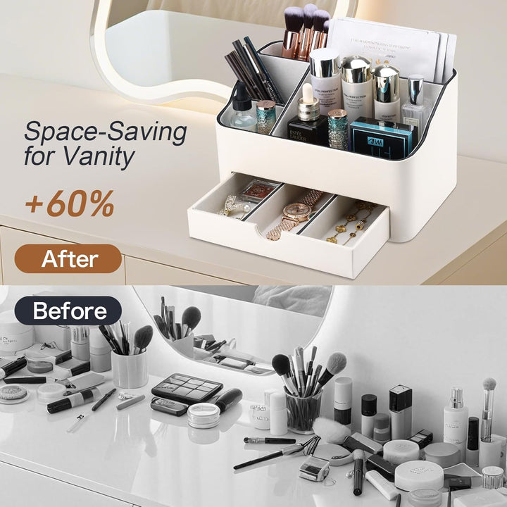 KINGFOM Make-up-Organizer mit Schublade, kompakte Beauty-Aufbewahrung für Schminktisch, PU-Leder Hau