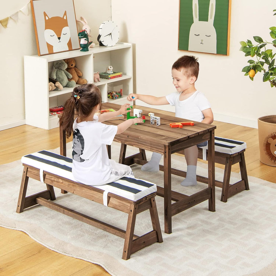 GOPLUS Kindermöbelset, Gartentischset mit 2 Bänken, 3-Fach Höhenverstellbarer Sonnenschirm, Tannenho